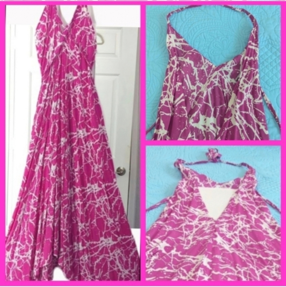 Maxi Halter Dress Pink & White Sundress Swim Summer  Beach Dress